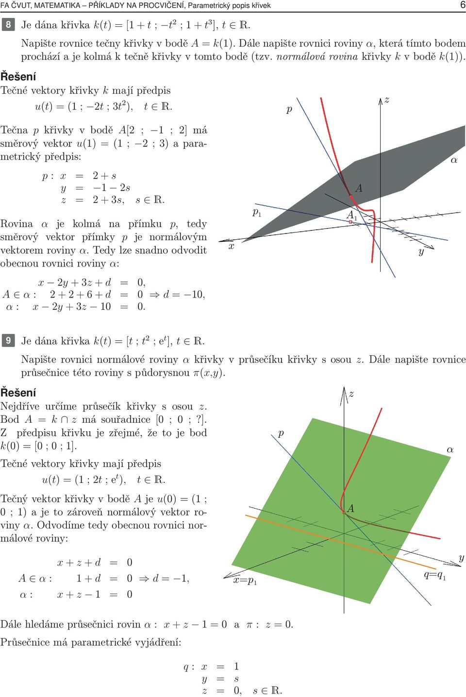 R es enı Tečné vektor křivk k mají ředis u(t) = (1 ; t ; 3t ), t R. z Tečna křivk v bodě A[ ; 1 ; ] má směrový vektor u(1) = (1 ; ; 3) a arametrický ředis: : = +s = 1 s z = + 3s, s R.