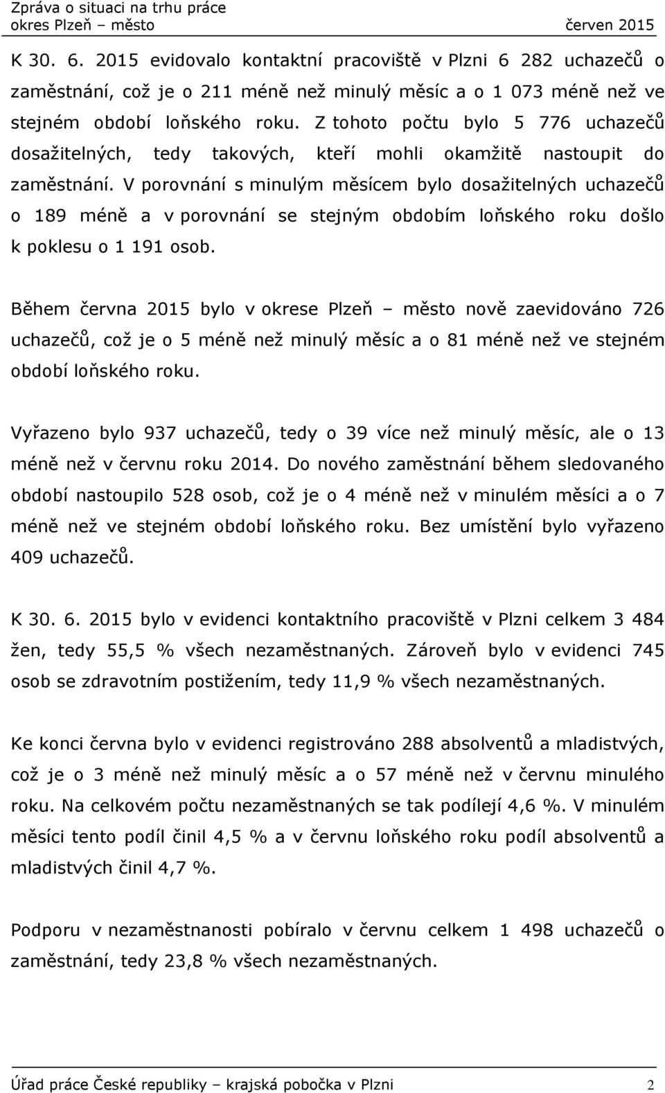 V porovnání s minulým měsícem bylo dosažitelných uchazečů o 189 méně a v porovnání se stejným obdobím loňského roku došlo k poklesu o 1 191 osob.