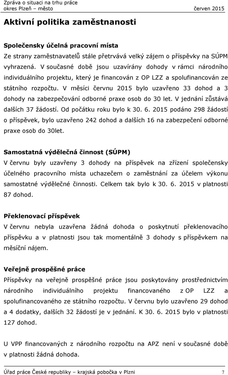 V měsíci červnu 2015 bylo uzavřeno 33 dohod a 3 dohody na zabezpečování odborné praxe osob do 30 let. V jednání zůstává dalších 37 žádostí. Od počátku roku bylo k 30. 6.