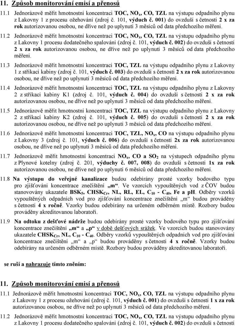 2 Jednorázově měřit hmotnostní koncentraci TOC, NO x, CO, TZL na výstupu odpadního plynu z Lakovny 1 procesu dodatečného spalování (zdroj č. 101, výduch č.