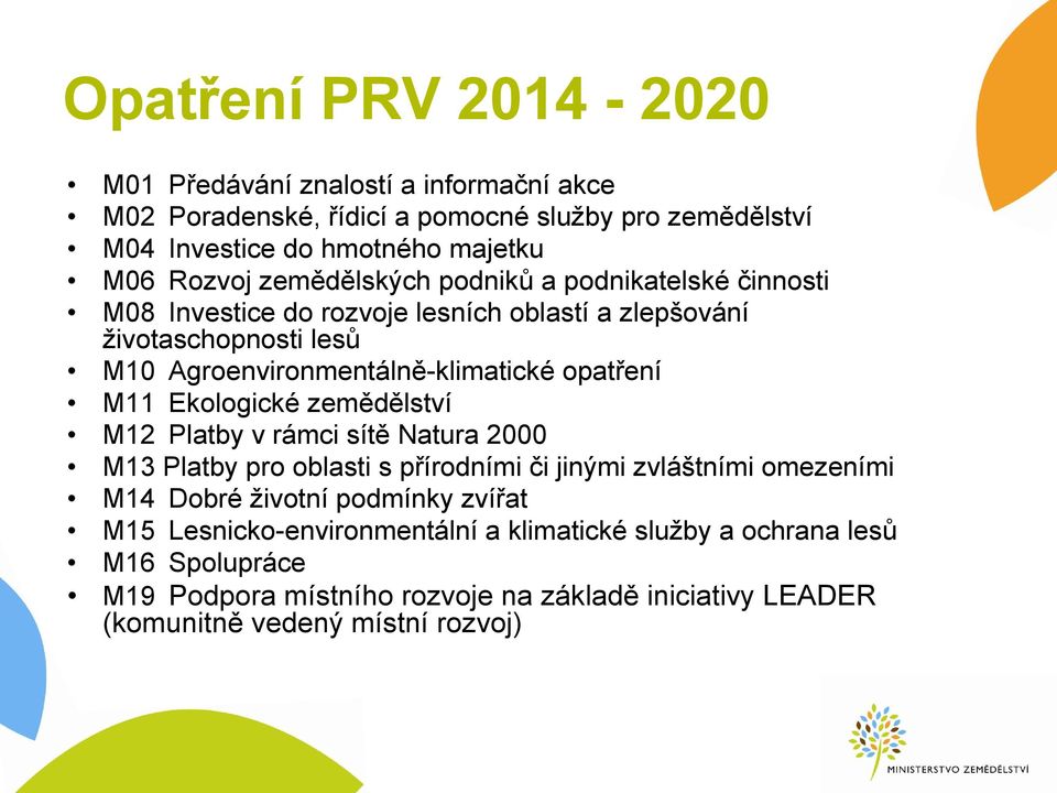 M11 Ekologické zemědělství M12 Platby v rámci sítě Natura 2000 M13 Platby pro oblasti s přírodními či jinými zvláštními omezeními M14 Dobré životní podmínky zvířat