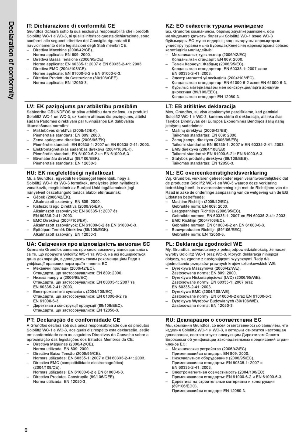 Direttiva Bassa Tensione (2006/95/CE). Norme applicate: EN 60335-1: 2007 e Direttiva EMC (2004/108/CE). Norme applicate: EN 61000-6-2 e EN 61000-6-3. Direttiva Prodotti da Costruzione (89/106/CEE).