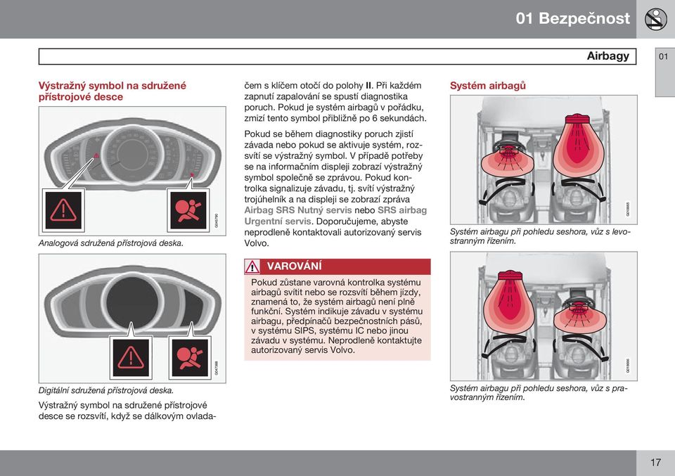 Pokud je systém airbagů v pořádku, zmizí tento symbol přibližně po 6 sekundách. Pokud se během diagnostiky poruch zjistí závada nebo pokud se aktivuje systém, rozsvítí se výstražný symbol.