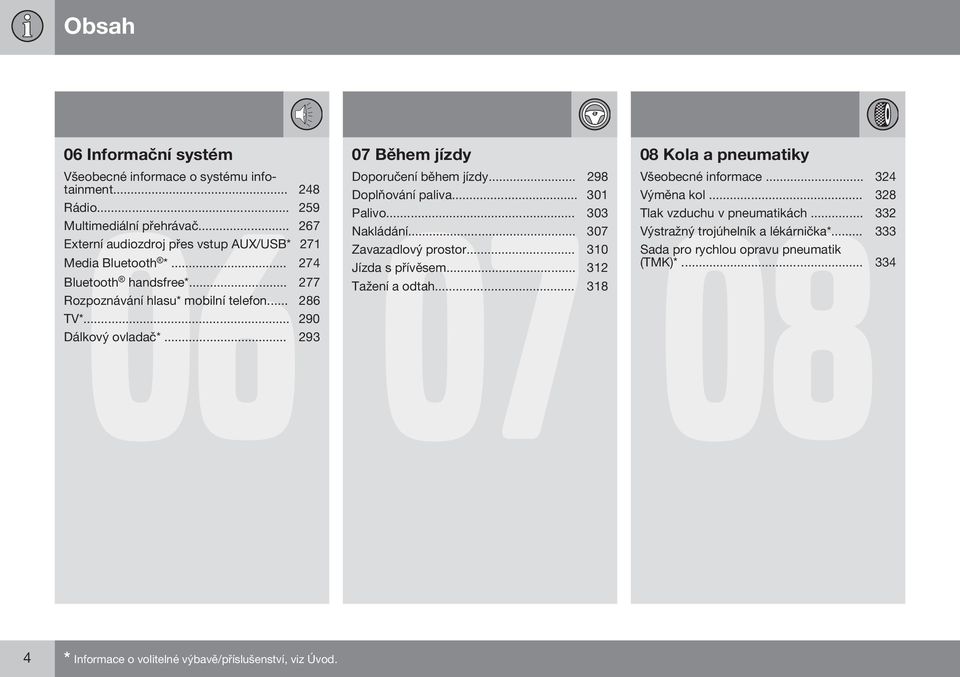 .. 312 Bluetooth handsfree*... 277 Tažení a odtah... 318 Rozpoznávání hlasu* mobilní telefon... 286 TV*... 290 Dálkový ovladač*... 293 08 Kola a pneumatiky 08 Všeobecné informace.