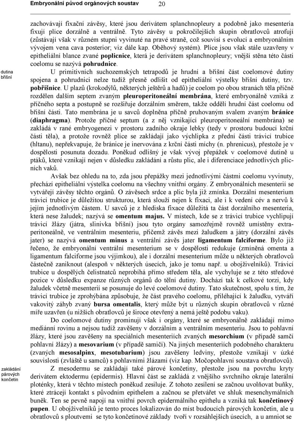 Tyto závěsy u pokročilejších skupin obratlovců atrofují (zůstávají však v různém stupni vyvinuté na pravé straně, což souvisí s evolucí a embryonálním vývojem vena cava posterior; viz dále kap.