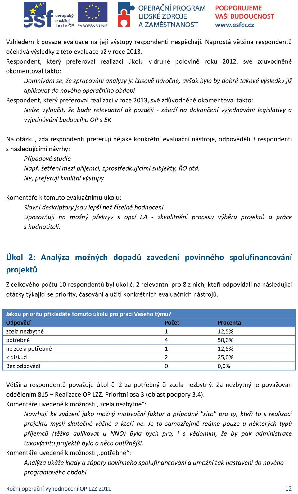 již aplikovat do nového operačního období Respondent, který preferoval realizaci v roce 2013, své zdůvodněné okomentoval takto: Nelze vyloučit, že bude relevantní až později - záleží na dokončení