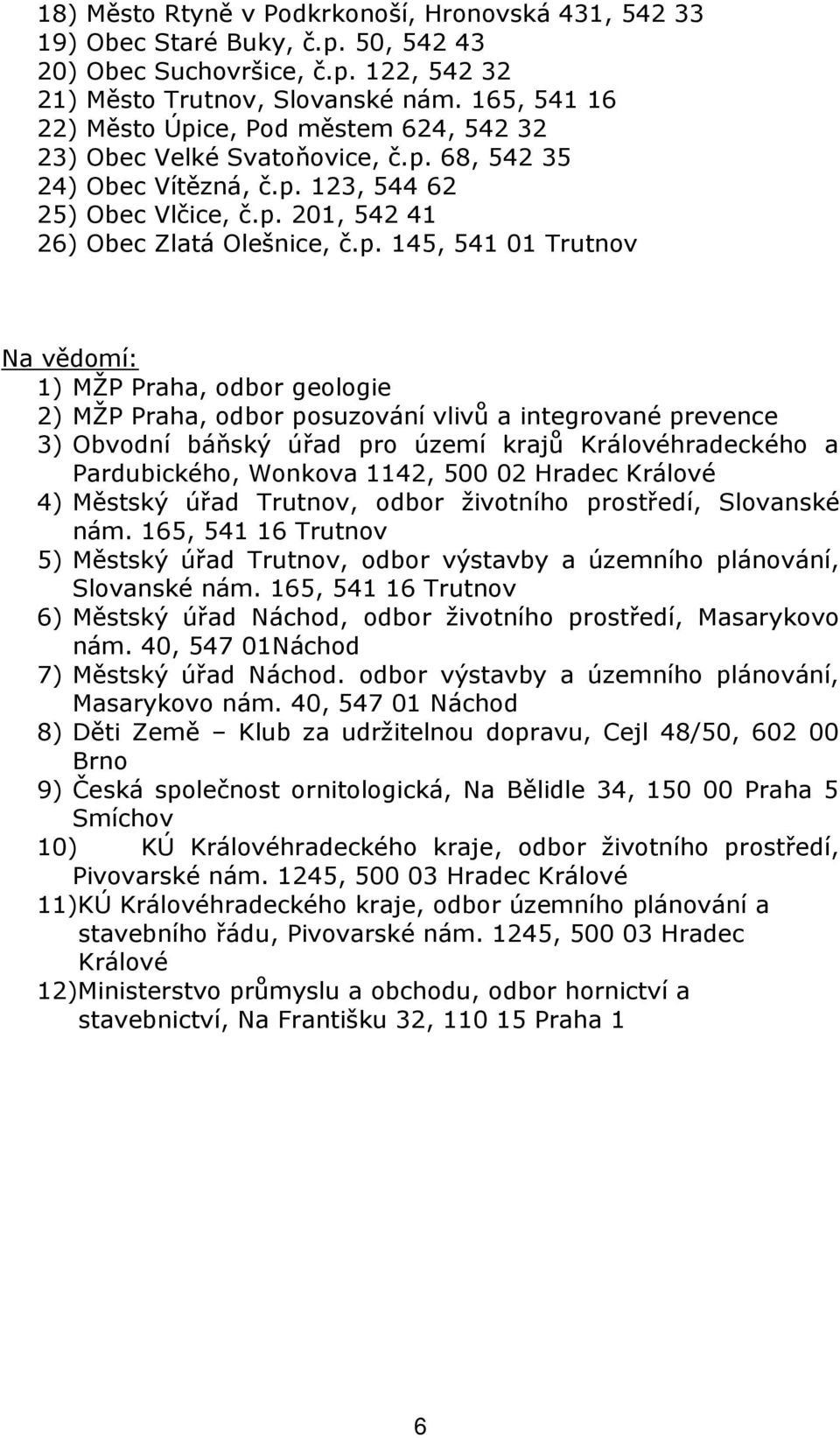 ce, Pod městem 624, 542 32 23) Obec Velké Svatoňovice, č.p.