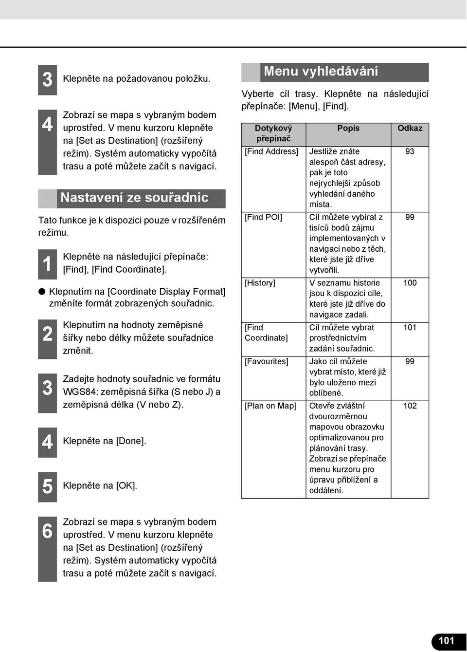 Zadejte hodnoty souřadnic ve formátu WGS8: zeměpisná šířka (S nebo J) a zeměpisná délka (V nebo Z). Klepněte na [Done]. Klepněte na [OK]. Menu vyhledávání Vyberte cíl trasy.