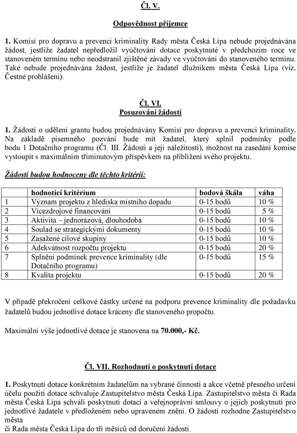 neodstranil zjištěné závady ve vyúčtování do stanoveného termínu. Také nebude projednávána žádost, jestliže je žadatel dlužníkem města Česká Lípa (viz. Čestné prohlášení). Čl. VI.