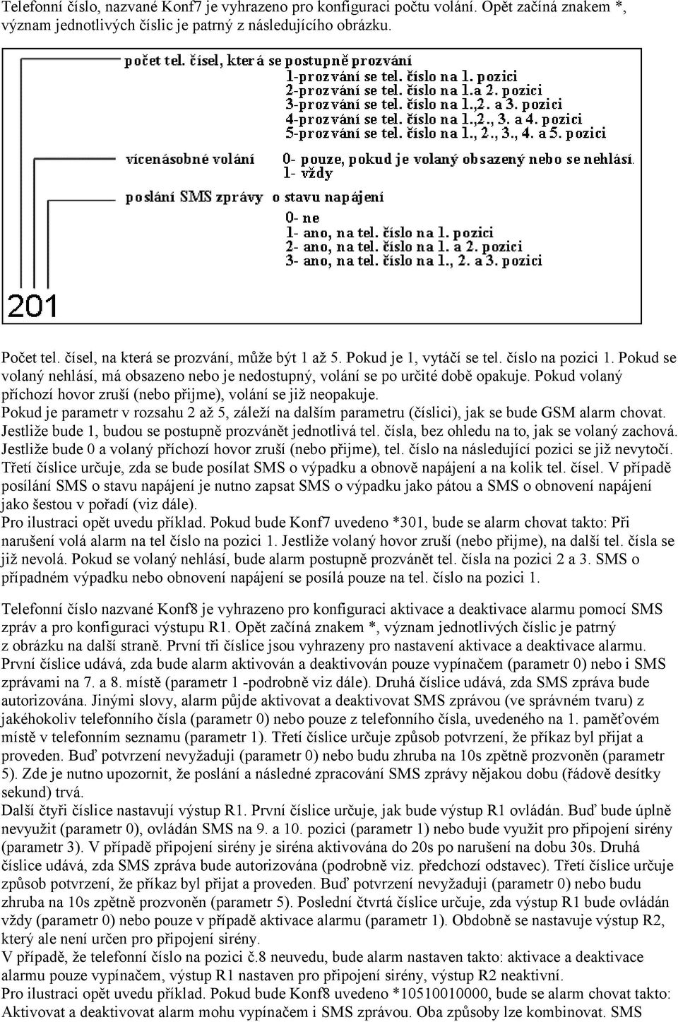 Pokud volaný příchozí hovor zruší (nebo přijme), volání se již neopakuje. Pokud je parametr v rozsahu 2 až 5, záleží na dalším parametru (číslici), jak se bude GSM alarm chovat.