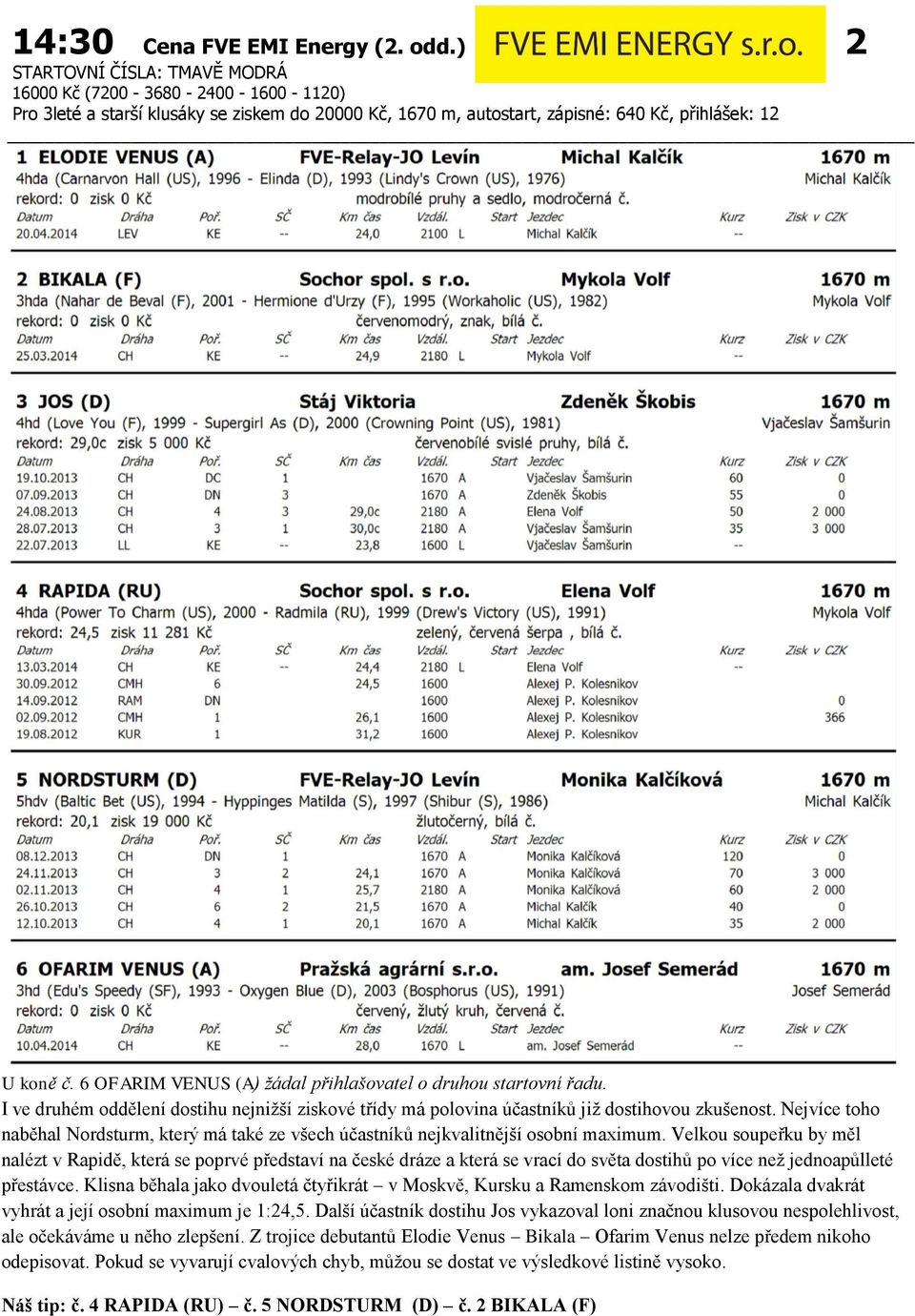 6 OFARIM VENUS (A) žádal přihlašovatel o druhou startovní řadu. I ve druhém oddělení dostihu nejnižší ziskové třídy má polovina účastníků již dostihovou zkušenost.