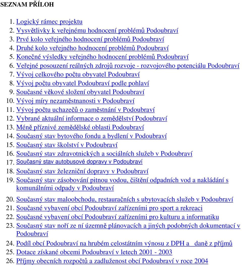 Vývoj celkového počtu obyvatel Podoubraví 8. Vývoj počtu obyvatel Podoubraví podle pohlaví 9. Současné věkové složení obyvatel Podoubraví 10. Vývoj míry nezaměstnanosti v Podoubraví 11.