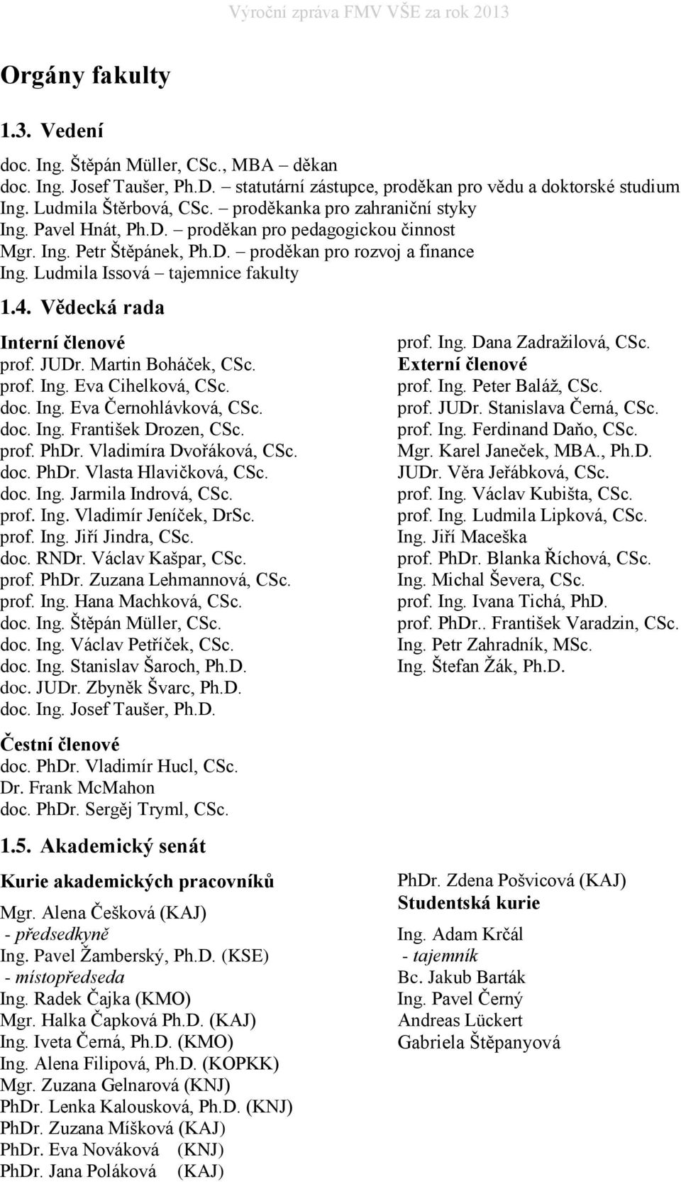 Vědecká rada Interní členové prof. JUDr. Martin Boháček, CSc. prof. Ing. Eva Cihelková, CSc. doc. Ing. Eva Černohlávková, CSc. doc. Ing. František Drozen, CSc. prof. PhDr. Vladimíra Dvořáková, CSc.