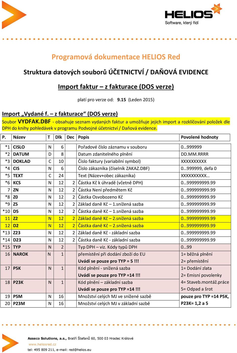 dvojné účetnictví / Daňová evidence. P. Název T Dlk Dec Popis Povolené hodnoty *1 CISLO N 6 Pořadové číslo záznamu v souboru 0 999999 *2 DATUM D 8 Datum zdanitelného plnění DD.MM.