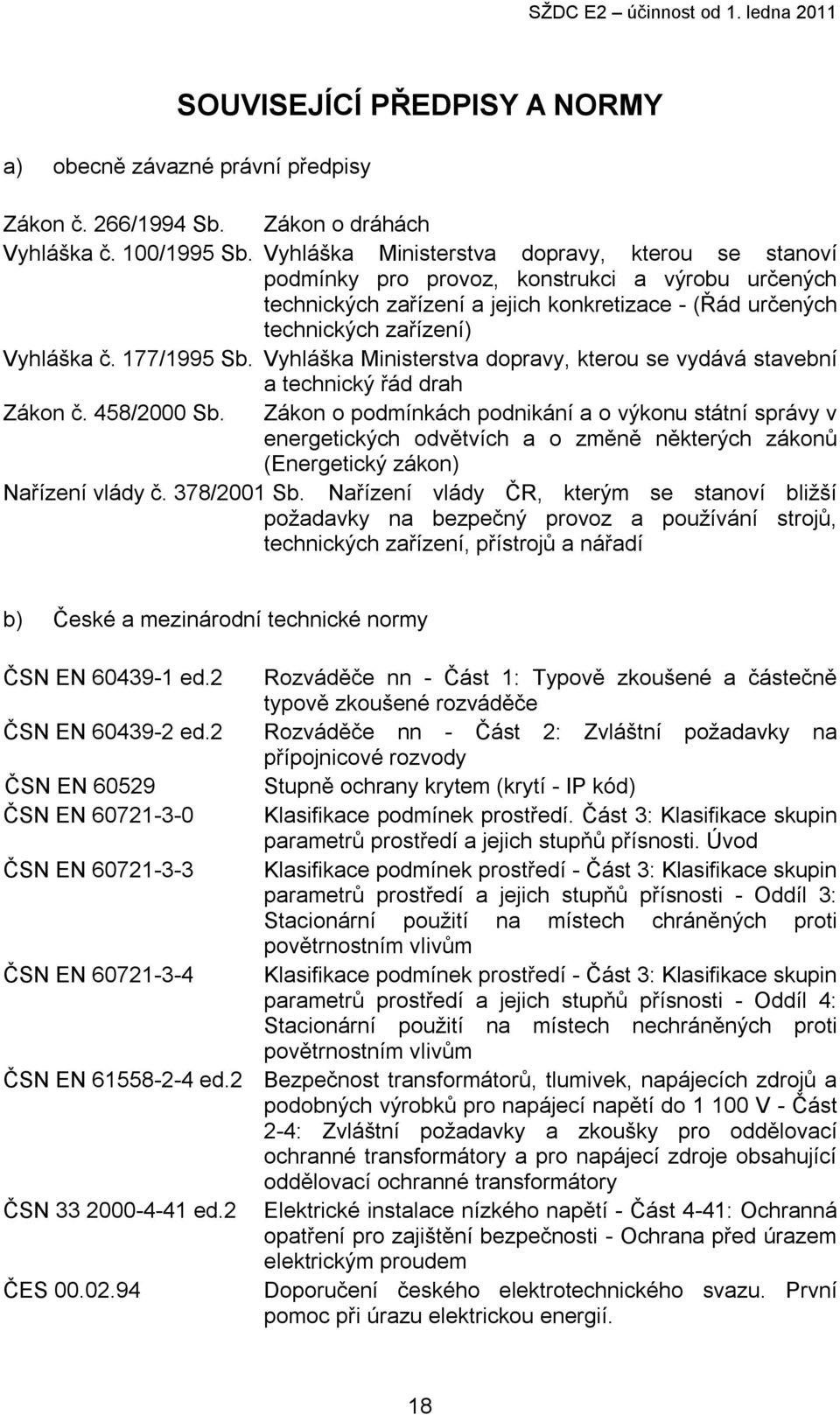 177/1995 Sb. Vyhláška Ministerstva dopravy, kterou se vydává stavební a technický řád drah Zákon č. 458/2000 Sb.