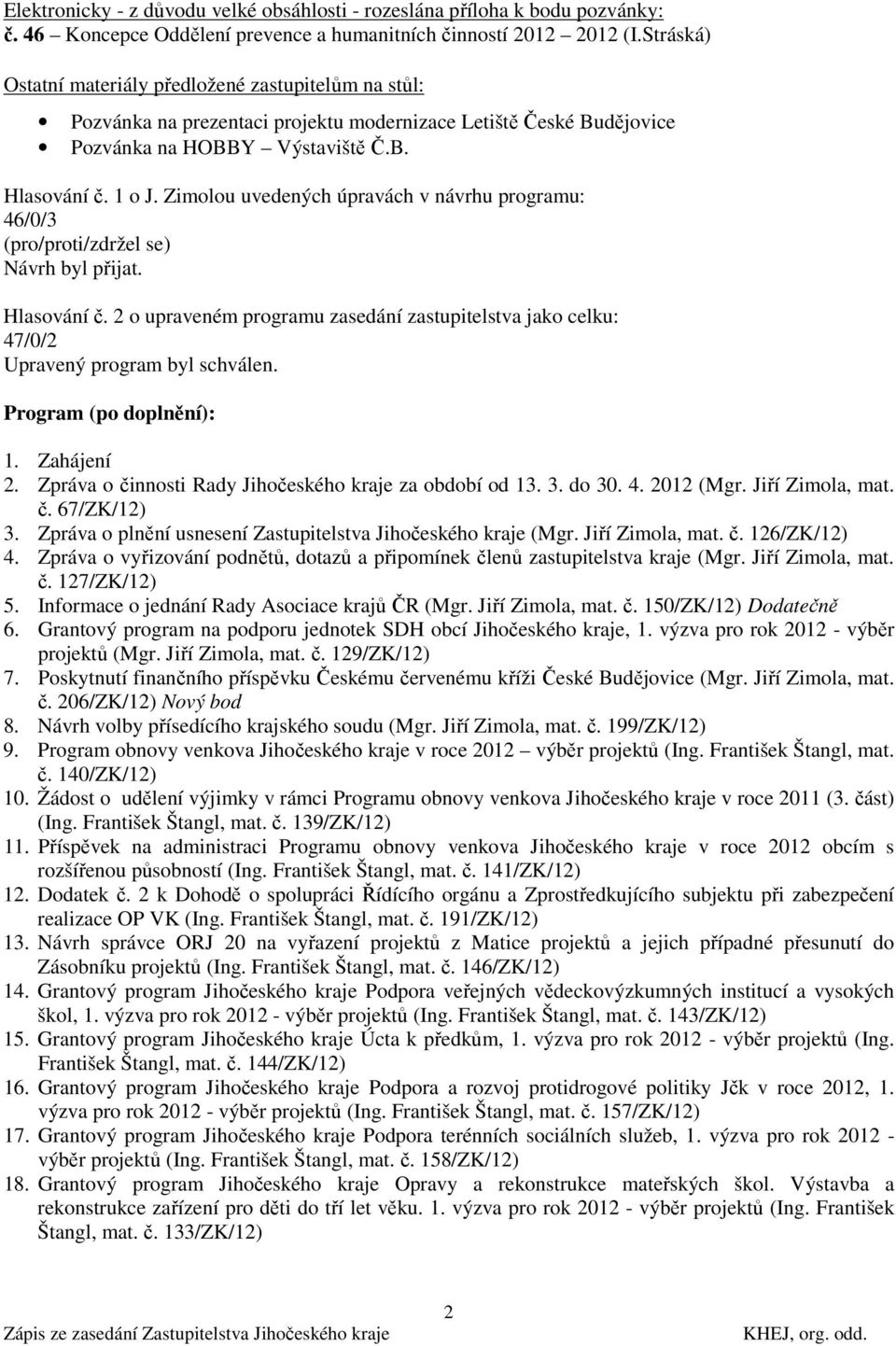 Zimolou uvedených úpravách v návrhu programu: 46/0/3 (pro/proti/zdržel se) Návrh byl přijat. Hlasování č.