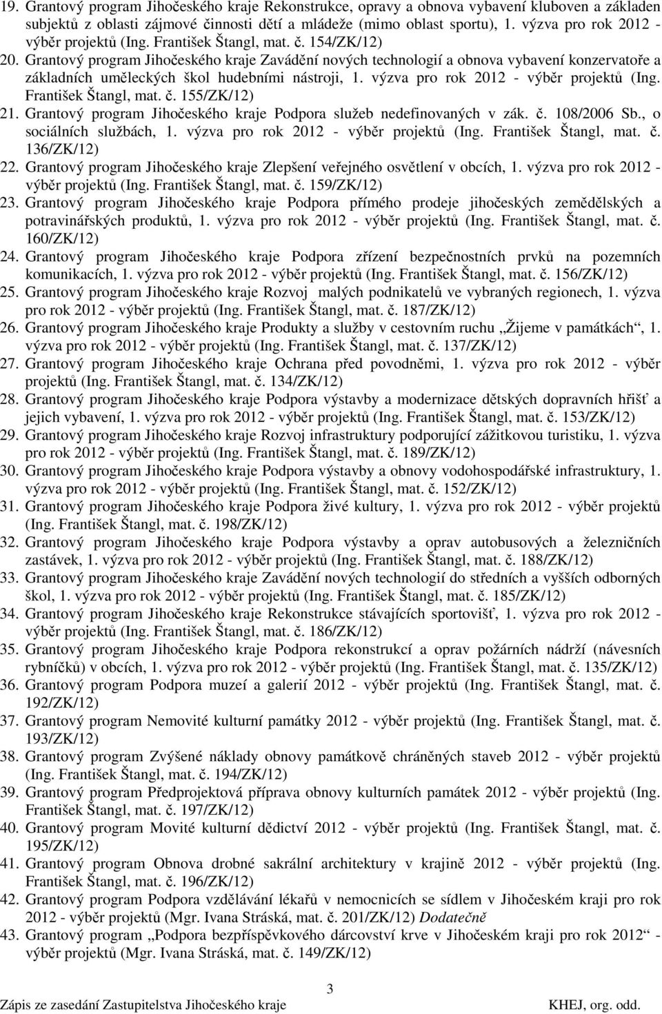 Grantový program Jihočeského kraje Zavádění nových technologií a obnova vybavení konzervatoře a základních uměleckých škol hudebními nástroji, 1. výzva pro rok 2012 - výběr projektů (Ing.