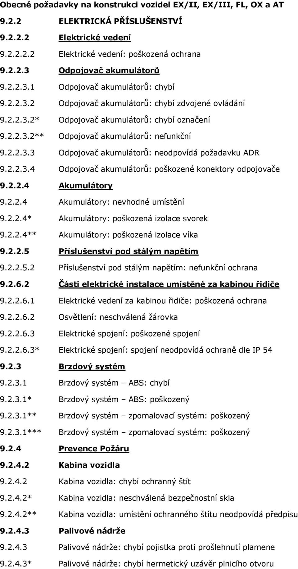 2.2.3.4 Odpojovač akumulátorů: poškozené konektory odpojovače 9.2.2.4 Akumulátory 9.2.2.4 Akumulátory: nevhodné umístění 9.2.2.4* Akumulátory: poškozená izolace svorek 9.2.2.4** Akumulátory: poškozená izolace víka 9.