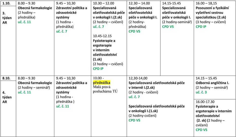 45 ošetřovatelská péče v onkologii I. (2 hodiny-seminář) 16.00 18,15 (2.sk) 8.10. 8.00 9.30 Obecná farmakologie 4.