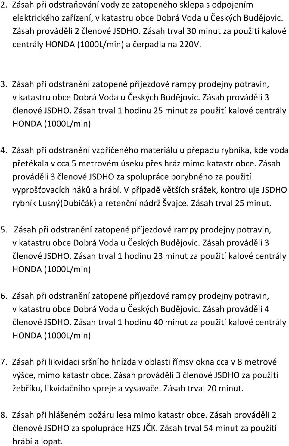 Zásah prováděli 3 členové JSDHO. Zásah trval 1 hodinu 25 minut za použití kalové centrály HONDA (1000L/min) 4.