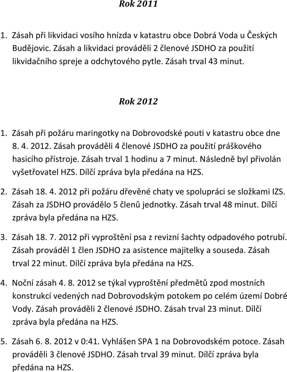 Zásah trval 1 hodinu a 7 minut. Následně byl přivolán vyšetřovatel HZS. Dílčí zpráva byla předána na HZS. 2. Zásah 18. 4. 2012 při požáru dřevěné chaty ve spolupráci se složkami IZS.