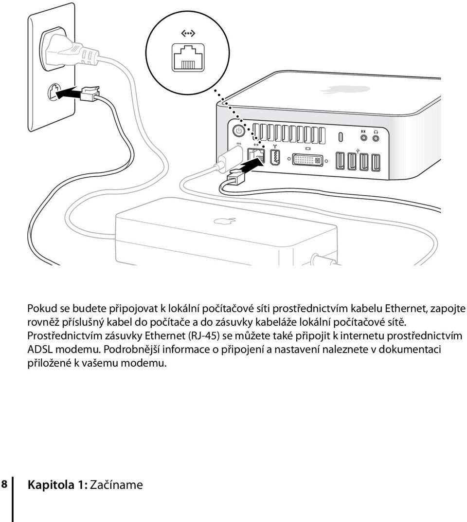 Prostřednictvím zásuvky Ethernet (RJ-45) se můžete také připojit k internetu prostřednictvím ADSL