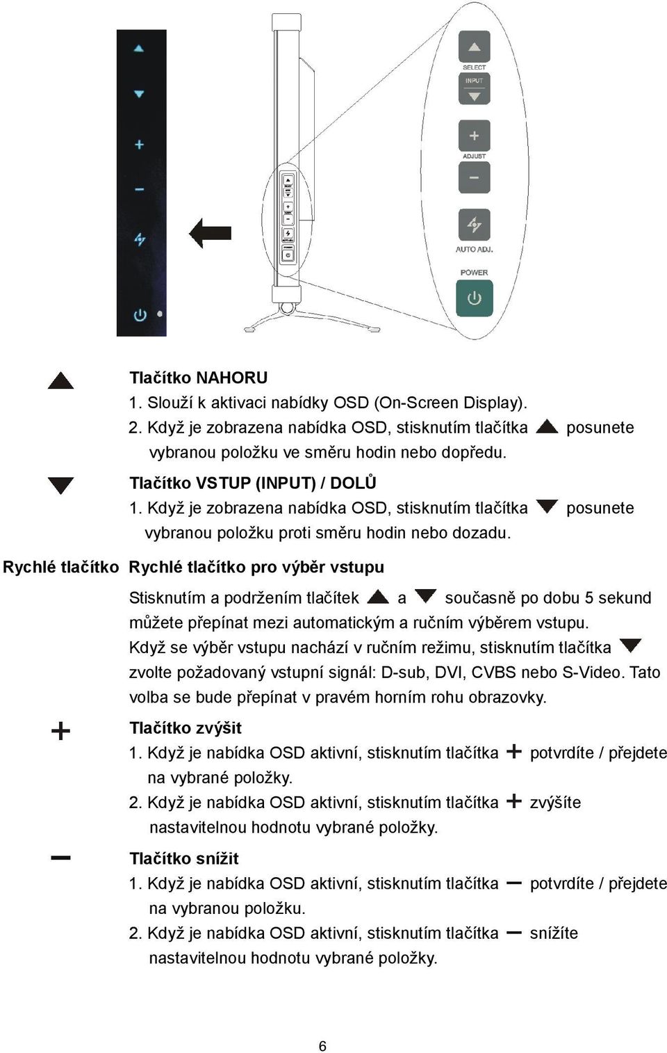 Rychlé tlačítko Rychlé tlačítko pro výběr vstupu Stisknutím a podržením tlačítek a současně po dobu 5 sekund můžete přepínat mezi automatickým a ručním výběrem vstupu.