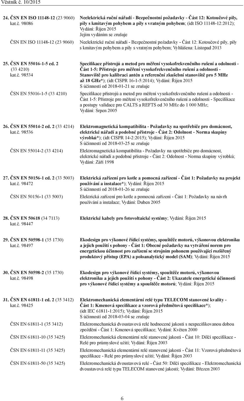 Říjen 2015 Jejím vydáním se zrušuje Neelektrické ruční nářadí - Bezpečnostní požadavky - Část 12: Kotoučové pily, pily s kmitavým pohybem a pily s vratným pohybem; Vyhlášena: Listopad 2013 25.