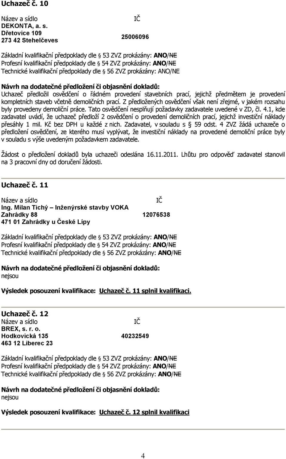 Z předložených osvědčení však není zřejmé, v jakém rozsahu byly provedeny demoliční práce. Tato osvědčení nesplňují požadavky zadavatele uvedené v ZD, čl. 4.