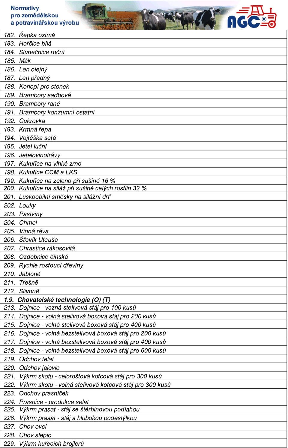 Kukuřice na siláž při sušině celých rostlin 32 % 201. Luskoobilní směsky na silážní drť 202. Louky 203. Pastviny 204. Chmel 205. Vinná réva 206. Šťovík Uteuša 207. Chrastice rákosovitá 208.