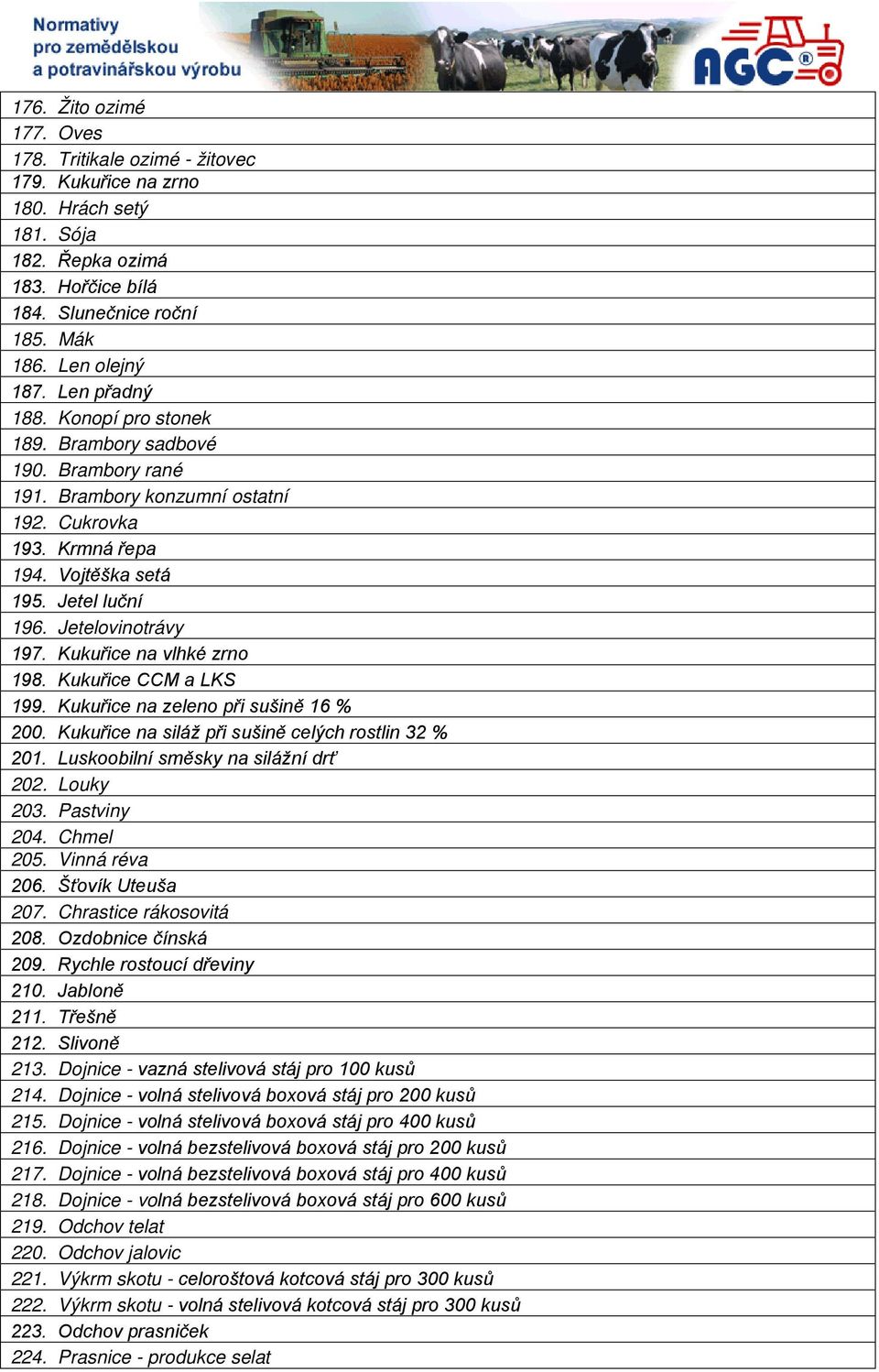 Kukuřice na vlhké zrno 198. Kukuřice CCM a LKS 199. Kukuřice na zeleno při sušině 16 % 200. Kukuřice na siláž při sušině celých rostlin 32 % 201. Luskoobilní směsky na silážní drť 202. Louky 203.