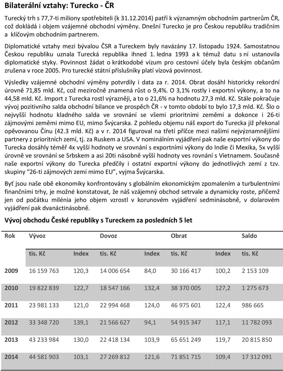 Samostatnou Českou republiku uznala Turecká republika ihned 1. ledna 1993 a k témuž datu s ní ustanovila diplomatické styky.