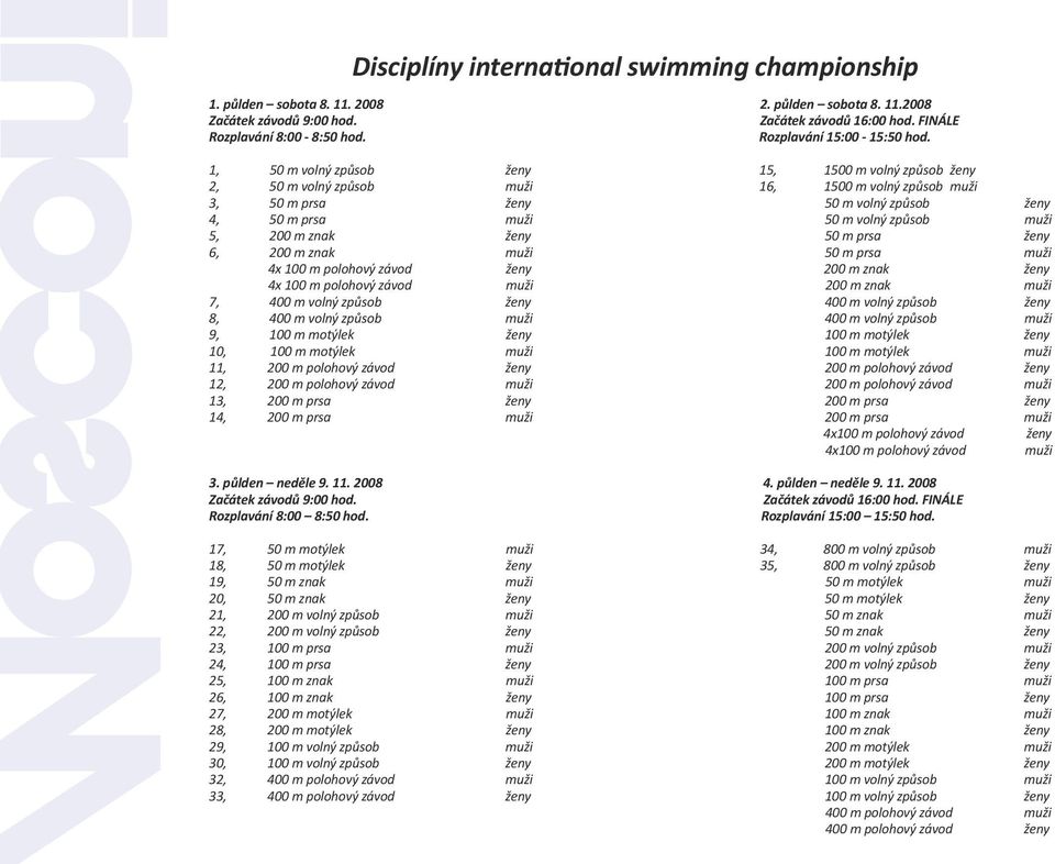 1, 50 m volný způsob ženy 15, 1500 m volný způsob ženy 2, 50 m volný způsob muži 16, 1500 m volný způsob muži 3, 50 m prsa ženy 50 m volný způsob ženy 4, 50 m prsa muži 50 m volný způsob muži 5, 200