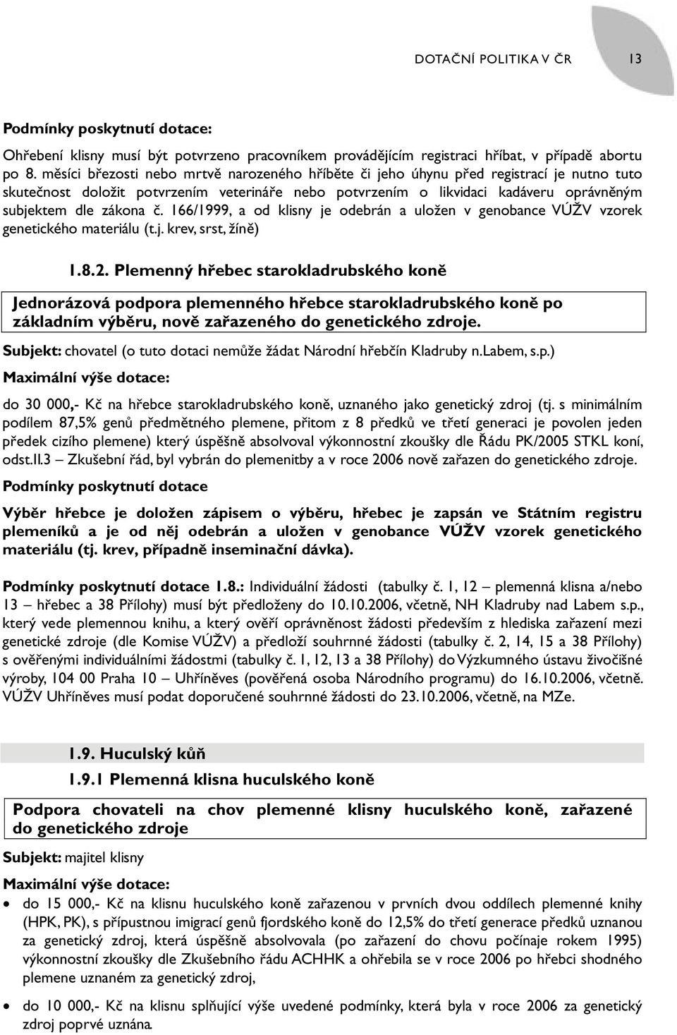 č. 166/1999, a od klisny je odebrán a uložen v genobance VÚŽV vzorek genetického materiálu (t.j. krev, srst, žíně) 1.8.2.