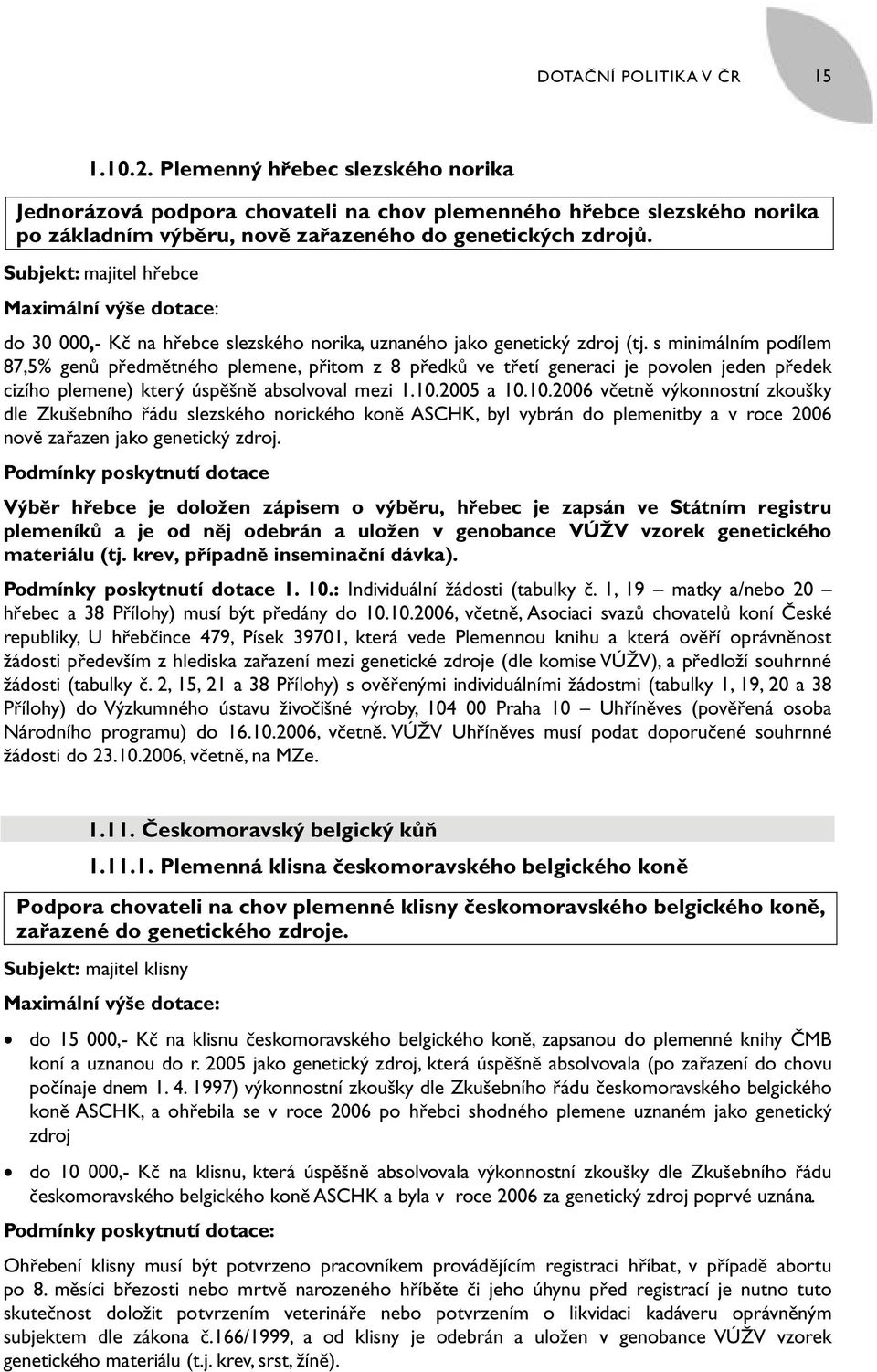 s minimálním podílem 87,5% genů předmětného plemene, přitom z 8 předků ve třetí generaci je povolen jeden předek cizího plemene) který úspěšně absolvoval mezi 1.10.