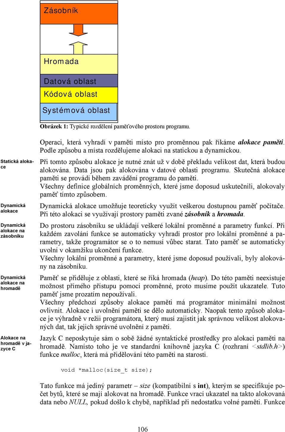 paměti. Podle způsobu a místa rozdělujeme alokaci na statickou a dynamickou. Při tomto způsobu alokace je nutné znát už v době překladu velikost dat, která budou alokována.