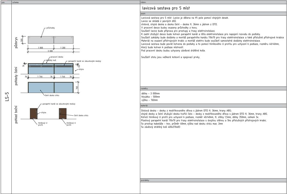 Součástí lavice bude příprava pro prostupy a trasy elektroinstalace. K zadní ztužující desce bude kotven parapetní kanál a lišta elektroinstalace pro napojení rozvodu do podlahy.