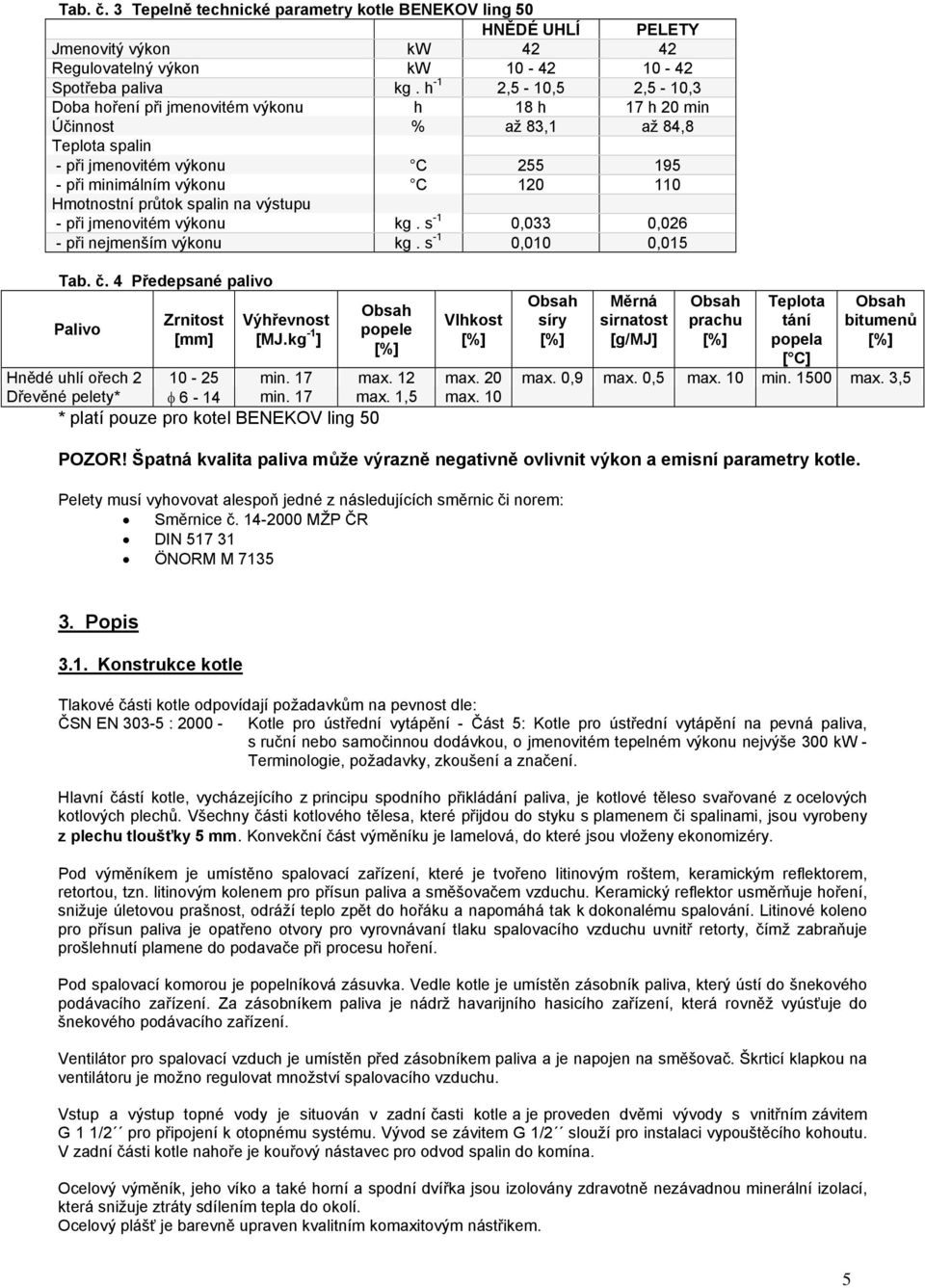 průtok spalin na výstupu - při jmenovitém výkonu kg. s -1 0,033 0,026 - při nejmenším výkonu kg. s -1 0,010 0,015 Tab. č. 4 Předepsané palivo Palivo Zrnitost [mm] Výhřevnost [MJ.