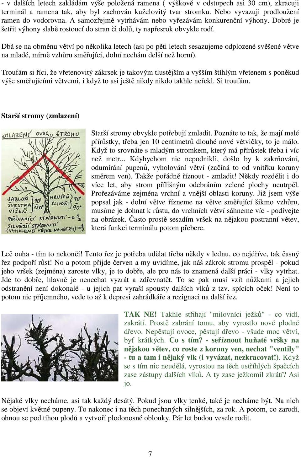 Dbá se na obměnu větví po několika letech (asi po pěti letech sesazujeme odplozené svěšené větve na mladé, mírně vzhůru směřující, dolní nechám delší než horní).