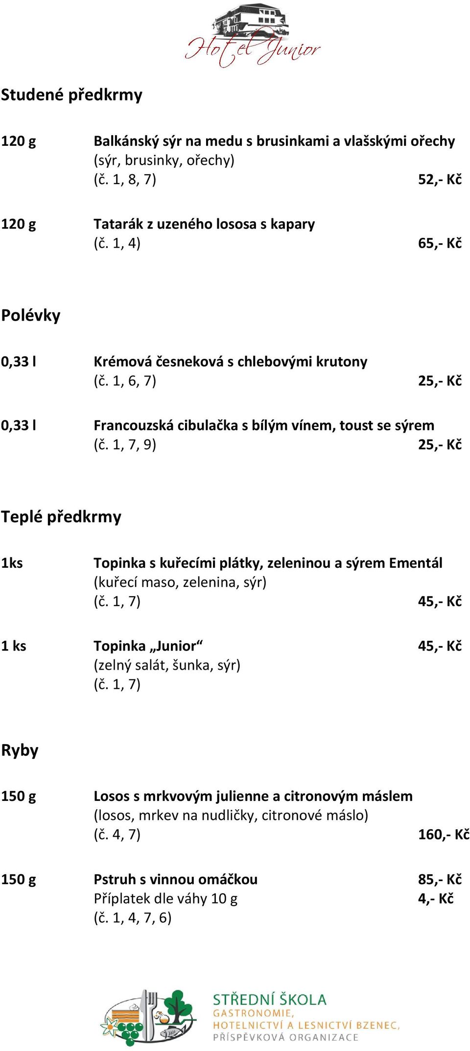 1, 7, 9) 25,- Kč Teplé předkrmy 1ks Topinka s kuřecími plátky, zeleninou a sýrem Ementál (kuřecí maso, zelenina, sýr) (č.