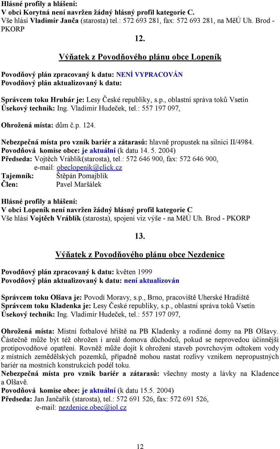 Vladimír Hudeček, tel.: 557 197 097, Ohrožená místa: dům č.p. 124. Nebezpečná místa pro vznik bariér a zátarasů: hlavně propustek na silnici II/4984. Povodňová komise obce: je aktuální (k datu 14. 5. 2004) Předseda: Vojtěch Vráblík(starosta), tel.