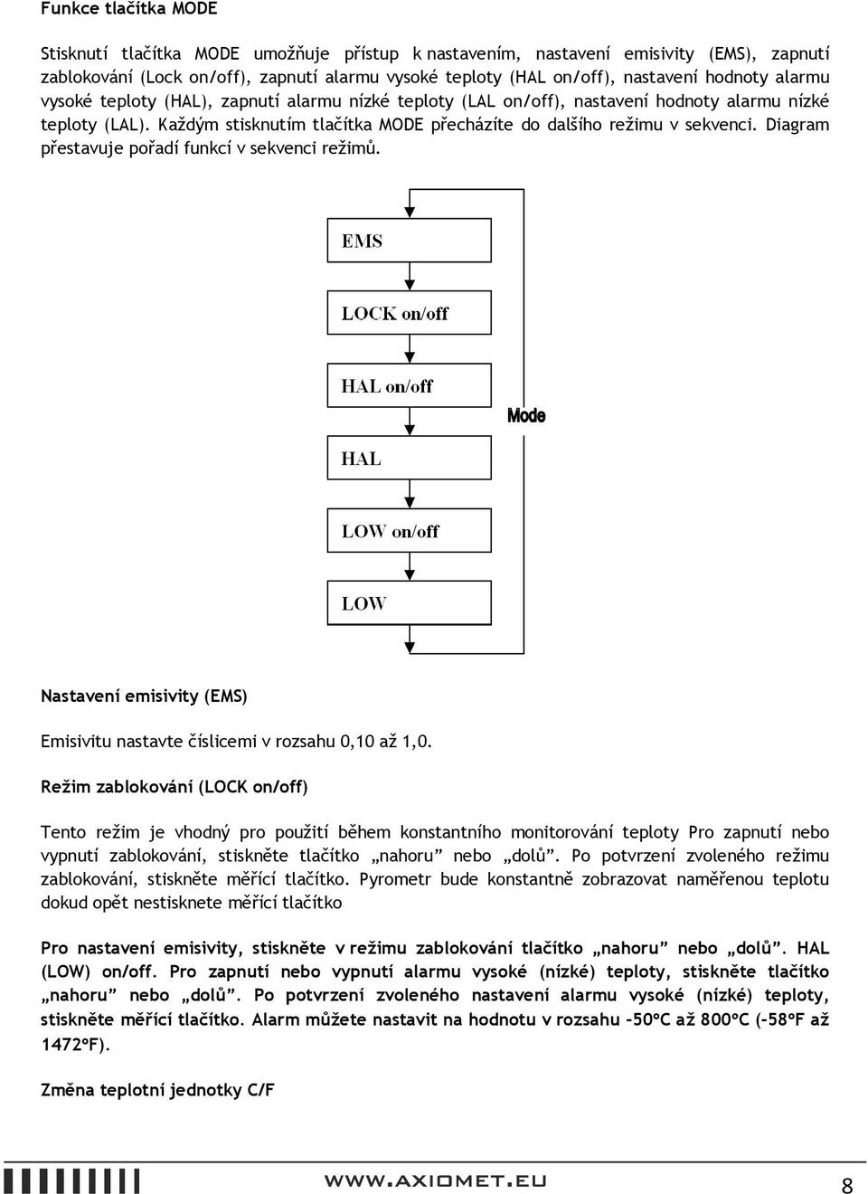 Diagram přestavuje pořadí funkcí v sekvenci režimů. Nastavení emisivity (EMS) Emisivitu nastavte číslicemi v rozsahu 0,10 až 1,0.