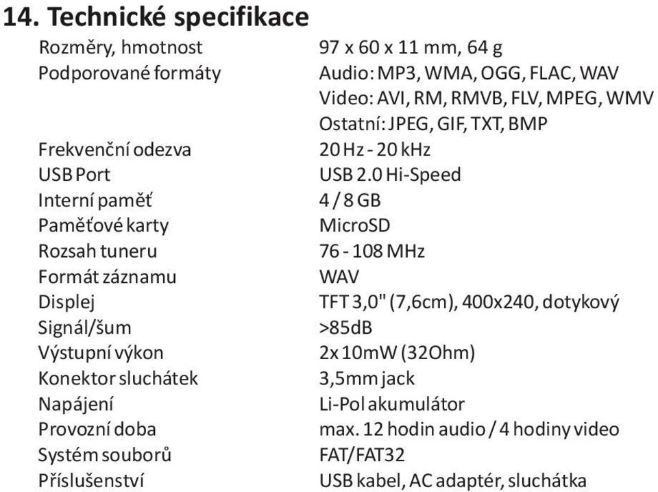 FLAC, WAV Video: AVI, RM, RMVB, FLV, MPEG, WMV Ostatní: JPEG, GIF, TXT, BMP 20 Hz - 20 khz USB 2.