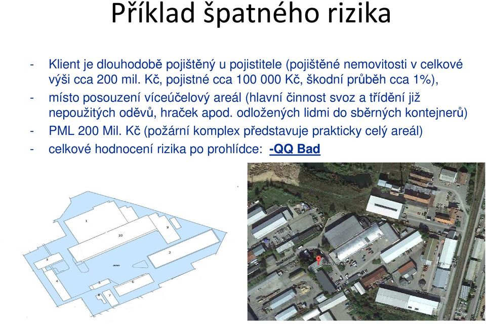 Kč, pojistné cca 100 000 Kč, škodní průběh cca 1%), - místo posouzení víceúčelový areál (hlavní činnost svoz