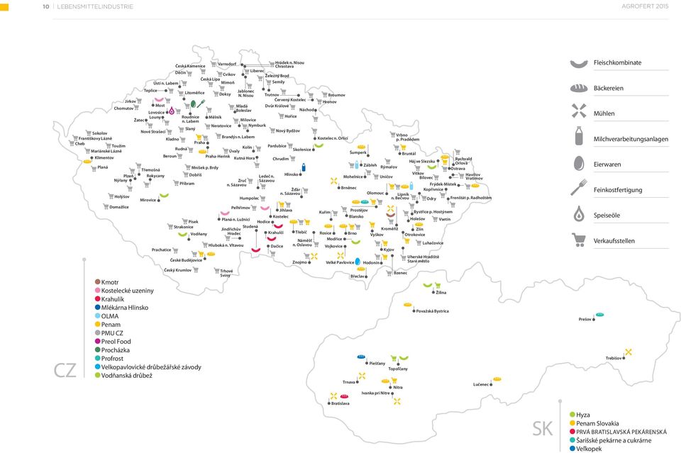 Labem Slaný Rudná Příbram Písek Strakonice Vodňany České Budějovice Český Krumlov Litoměřice Kmotr Kostelecké uzeniny Krahulík Mlékárna Hlinsko OLMA Penam PMU CZ Preol Food Procházka Profrost