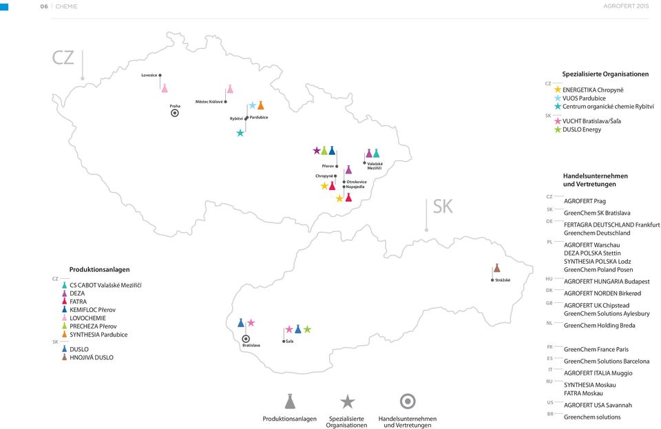 Produktionsanlagen Přerov Chropyně Otrokovice Napajedla Spezialisierte Organisationen Valašské Meziříčí Handelsunternehmen und Vertretungen SK Strážské CZ SK DE PL HU DK GB NL FR ES IT RU US BR