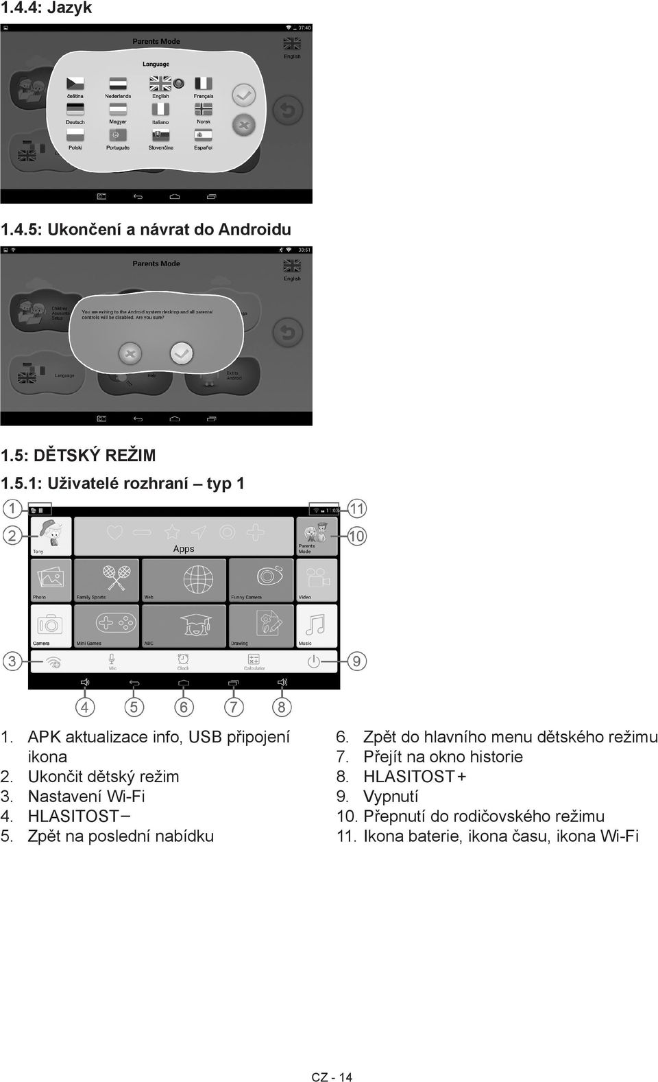 Zpět na poslední nabídku 6. Zpět do hlavního menu dětského režimu 7. Přejít na okno historie 8.
