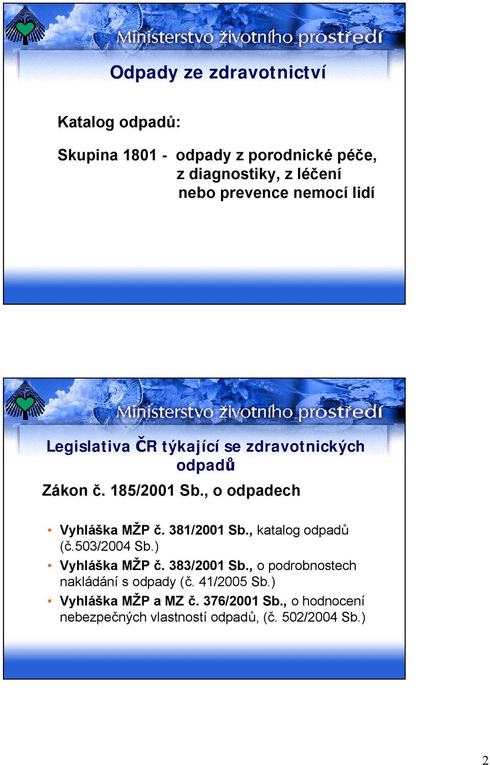 , o odpadech Vyhláška MŽP č. 381/2001 Sb., katalog odpadů (č.503/2004 Sb.) Vyhláška MŽP č. 383/2001 Sb.
