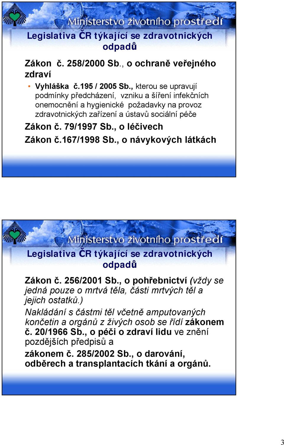 , o léčivech Zákon č.167/1998 Sb., o návykových látkách Legislativa ČR týkající se zdravotnických odpadů Zákon č. 256/2001 Sb.