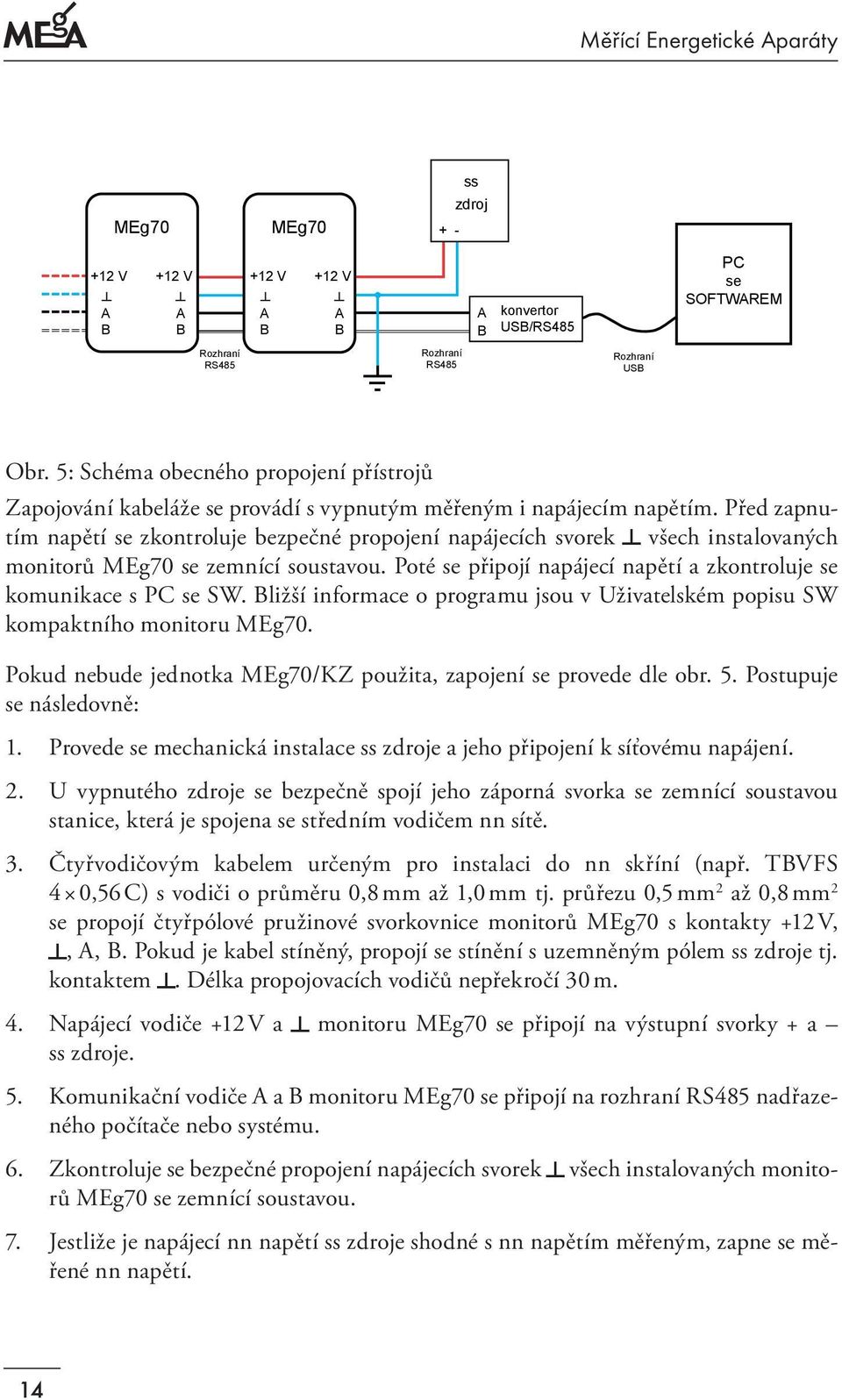 Před zapnutím napětí se zkontroluje bezpečné propojení napájecích svorek všech instalovaných monitorů MEg70 se zemnící soustavou.